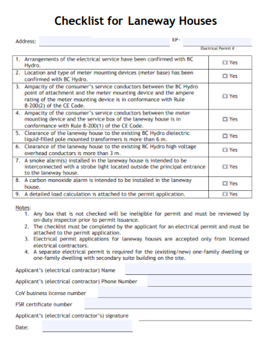 sample checklist for laneway house template