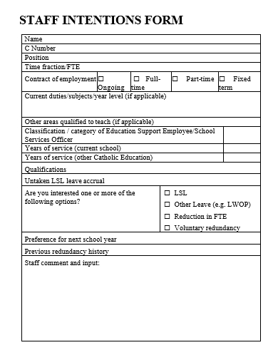 staff intentions form template