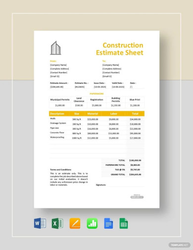 construction estimate sheet template